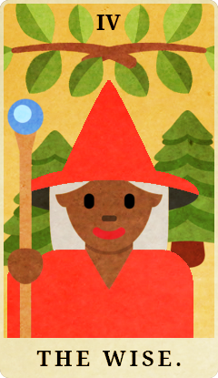 A tarot style card depicting a black woman in red robes holding a staff. Trees and plants adorn the borders. It says, "IV - The Wise"