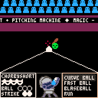 Midway between an Atari and NES style, depicts a video game interface of an anxious pitching machine going against Chorby Short's infamous "Foul Ball 0-2"