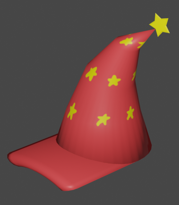 A 3D render of a red and yellow bespeckled wizard hat with a baseball cap brim. A star adorns the tip.