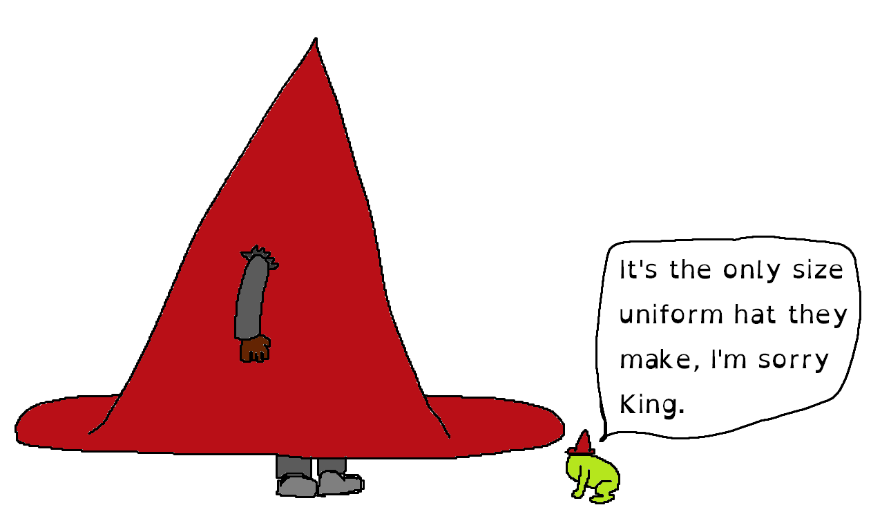 Weatherman's entire body is covered by a uniform wizard hat. Chorby Short is a small frog wearing a small uniform hat, saying "It's the only size uniform hat they make, I'm sorry King."